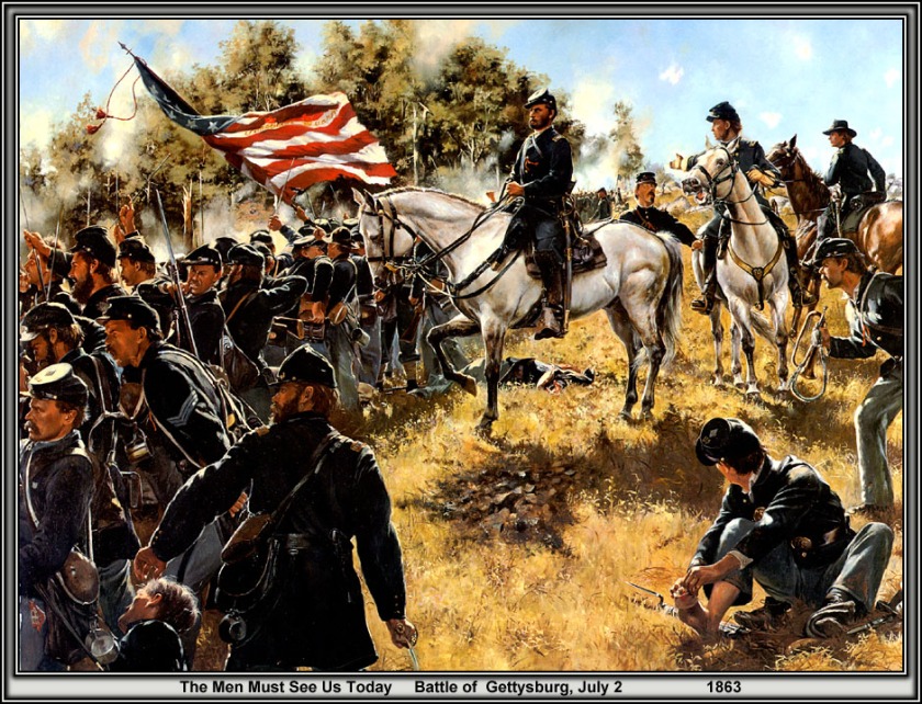 124th NY (american guard - orange blossoms) led by col Augustus van Horne Ellis at Gettysburg PA 2 july 1863