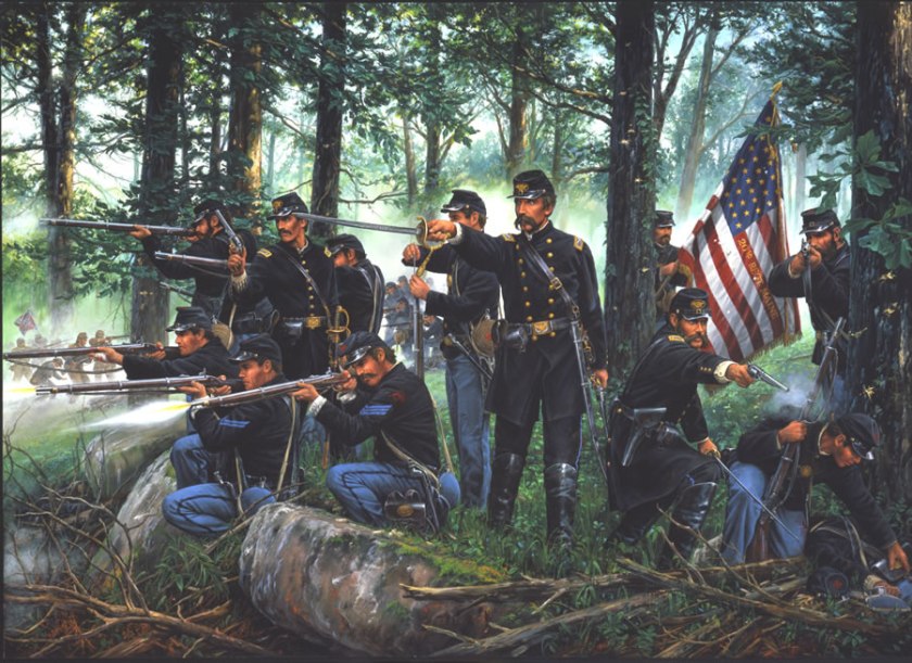 20th ME led by 1st lt Holman Staples Melcher, col Joshua Lawrence Chamberlain and lt Thomas Davee Chamberlain at Gettysburg PA 2 july 1863